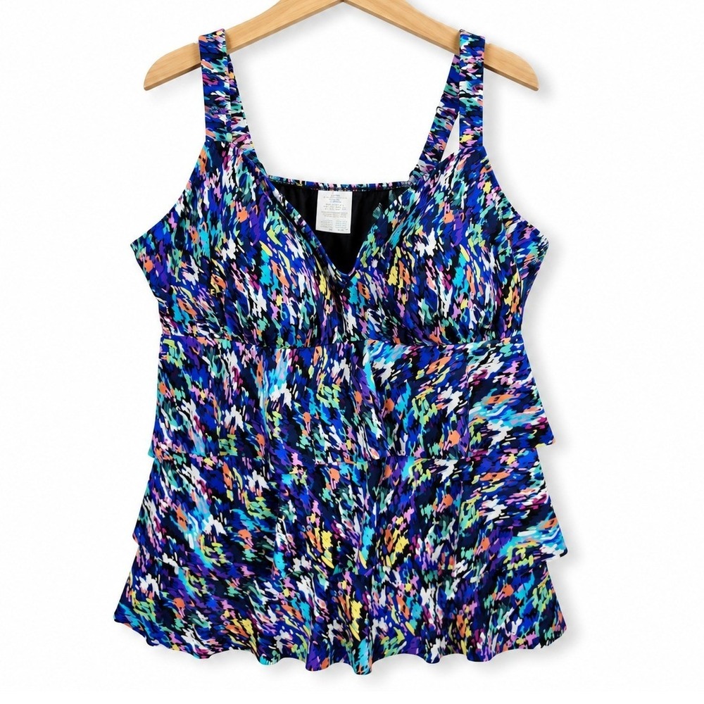 Swim Solutions Triple Tier Tankini Womens 16W Navy Multi Abstract Tiered Ruffle